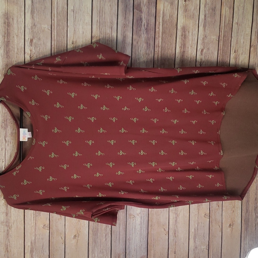 LuLaRoe Irma Small Burgandy Gold Flamingo Theme High Low Blouse